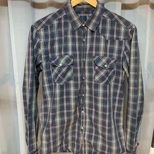 Casual Blue and Red Button Down Shirt with Western Flair